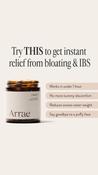 A clean, minimalist 9:16 ad creative for a digestive supplement featuring clear benefit bullet points and a product-focused composition.